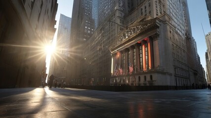 Early morning view of Wall Street with stock market tickers reflected on the glass facade of skyscrapers, subtle fog and sunlight filtering through.