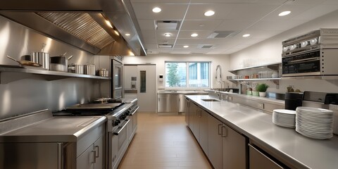 Modern commercial kitchen with stainless steel appliances and spacious interior design