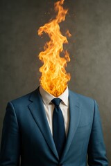 Surreal Image of a Man in a Blue Suit with Flaming Head Against a Gray Background
