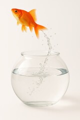 Orange Goldfish Leaping from Round Glass Bowl White Background