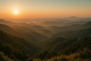Sunrise Over Misty Mountain Ranges, Golden Hour Landscape Panorama