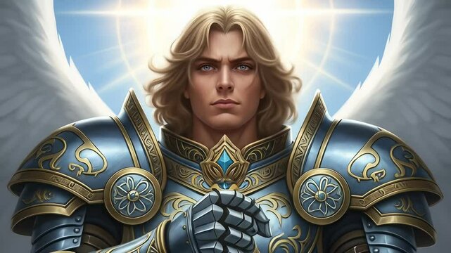 Angelic Warrior in Blue Armor with Large Wings
