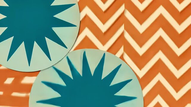 Colorful geometric patterns in turquoise and orange create a vibrant visual contrast.