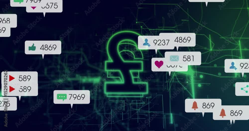 Aufkleber dark grid flickering causing bubbles emerging, swarming glowing pound symbol visualizing data flow