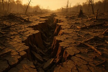 Arid Landscape with Deep Cracks in the Parched Earth at Sunset