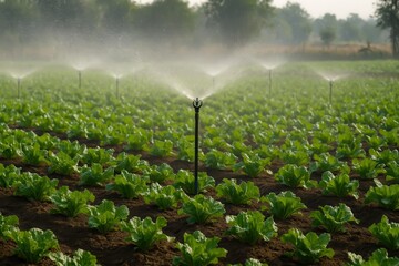 Automated Irrigation System Watering Green Vegetable Crops in a Lush Field