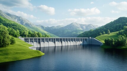 Scenic view of modern dam surrounded by lush mountains and clear water