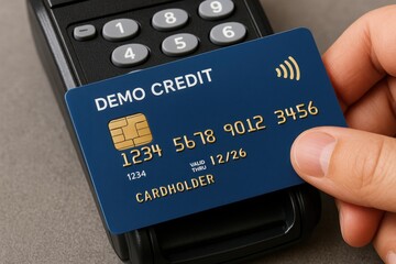 Closeup of Hand Inserting Blue Credit Card into Black Payment Terminal