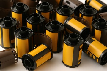 Close Up of Several Rolls of Yellow and Black 35mm Film on White Background