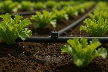 Drip Irrigation System Watering Green Lettuce Plants in a Farm Field
