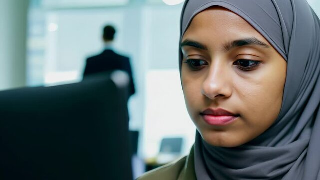 Young Mixed race woman in hijab in front of laptop monitor in office. She reviews emails, ensuring timely responses to colleagues.