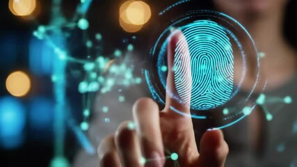 Fingertip activating glowing digital interface with animated biometric patterns and data network - Powered by Adobe