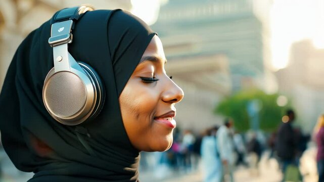 A smiling calm young African American woman in hijab with headphones on the bustling city street. The calm woman in hijab, wearing headphones, embodies peace in the urban hustle and bustle.