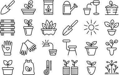 Garden tools and plants linear icon set gardening equipment illustration