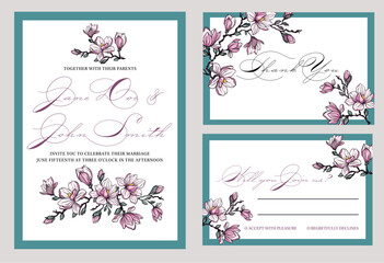 Save the Date and RSVP collection. Botanical wedding invitation template design, white magnolia flowers and leaves. Template design with highly detailed, vector, realistic spring flowers.