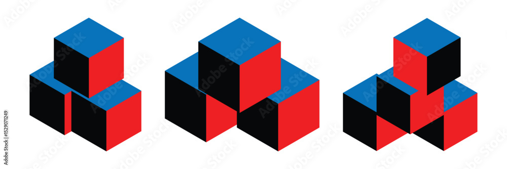 Poster cube icon symbol with three blocks. cubic building icon, three sugar cubes icon - block chain logo i