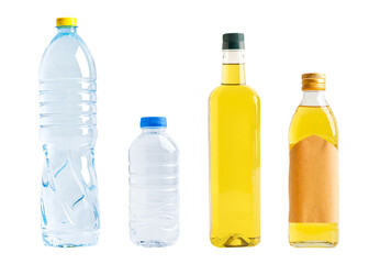 Vegetable oil and water plastic bottle isolated on white background, organic healthy food for cooking.