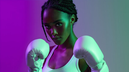 Portrait of an African adult woman boxer in fighting stance with gloves, illuminated by pink and green neon lighting, copy space