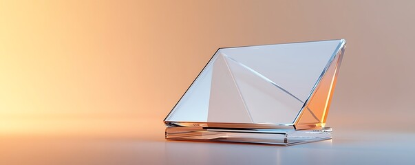 Clear glass polygon stand with neutral background highlighting tech device