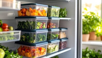 Organized refrigerator with fresh vegetables in reusable containers
