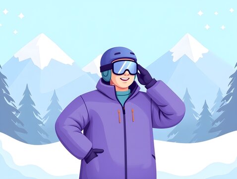 Person wearing purple winter jacket and helmet adjusting goggles in snowy mountain landscape flat design illustration