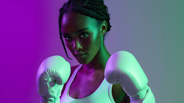 Portrait of an African adult woman boxer in fighting stance with gloves, illuminated by pink and green neon lighting, copy space