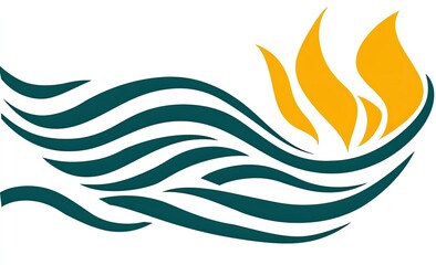 Abstract design featuring teal wavy lines flowing into a stylized orange-yellow flame