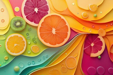 Colorful Abstract Fruit Composition with Sliced Citrus and Kiwi on Layered Background