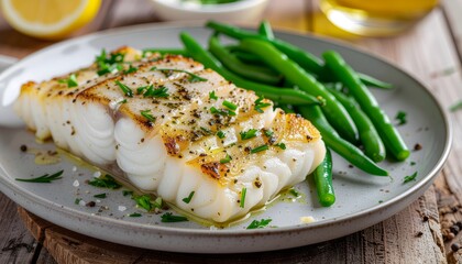 Pan Fried Cod Fillet with Green Beans on a Plate Ready to Eat