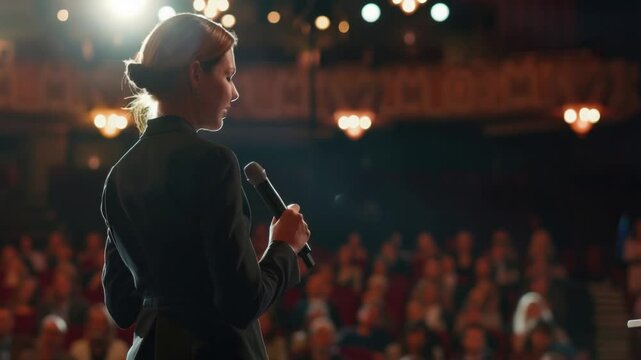 A woman stands on stage, holding a microphone, as she addresses an enthusiastic audience in a lively theater. The atmosphere is charged with excitement and attention