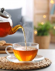 Pouring Herbal Tea into a Glass Cup at Home for Relaxation