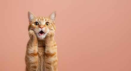a shocked ginger cat with copy space