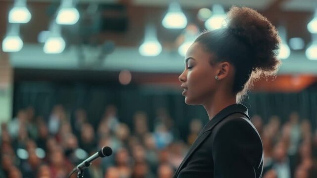 A confident young speaker presents a compelling argument to an engaged and attentive audience in a bustling auditorium, showcasing leadership and eloquence