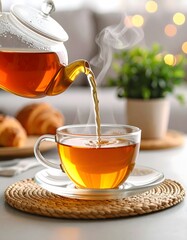 Pouring hot tea into a glass cup with croissants and plant