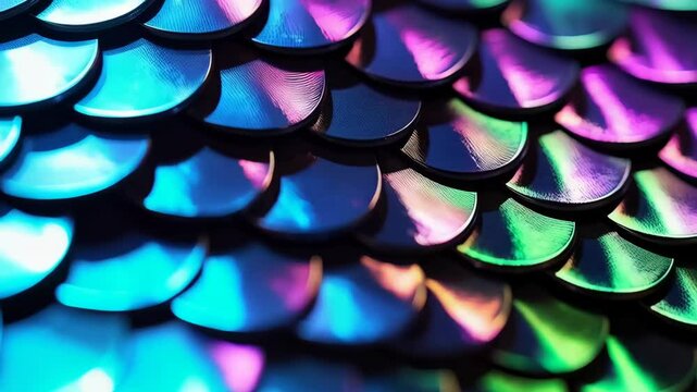 Close-up of iridescent scale-like shapes arranged tightly together, showing vibrant color shifts and light reflection, creating a textured surface.