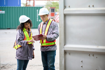 Engineer or workers checking inside container in warehouse storage
