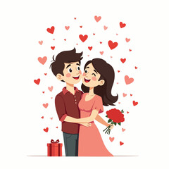 Romantic Couple Hugging on Valentine’s Day with Hearts and Gift Box – Flat Vector