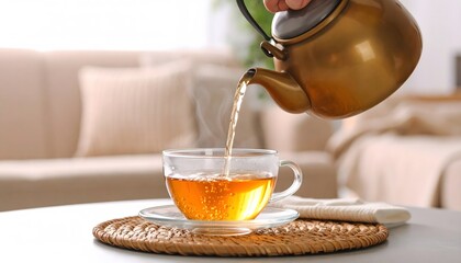 Pouring tea into a glass cup in a cozy living room setting