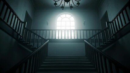 Dark Grand Staircase Interior with Wooden Railings and Dim Lighting - Powered by Adobe