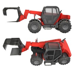 3d rendering of red telescopic handler with grapple bucket. Heavy construction and agricultural machine for lifting, loading and material handling. Isolated on white background.