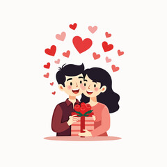 Couple Sitting Together Holding Gift on Valentine’s Day – Flat Style Vector