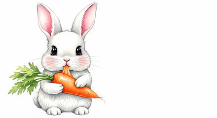 Obraz premium Cute White Rabbit Holding a Carrot - Adorable Woodland Animal