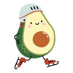 Flat vector illustration in a simple childish style. Small avocado skating and playing hockey on white background. Vector illustration