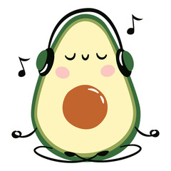 Flat vector illustration in a simple childish style. Cute avocado doing yoga and meditating to music with headphones on . Vector illustration