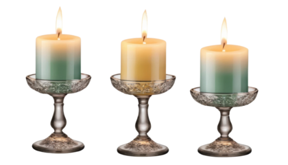 Three glowing candles cast a romantic light in the dark, perfect for a holiday celebration or moment of quiet reflection