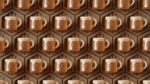 Rows of beer mugs with wheat illustrations sit on a geometric wooden shelf.