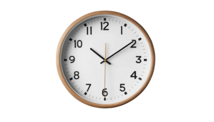 Antique wall clock with black numbers and a white face, isolated on white, marking the time