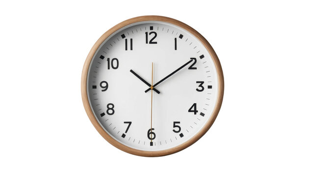 Antique wall clock with black numbers and a white face, isolated on white, marking the time