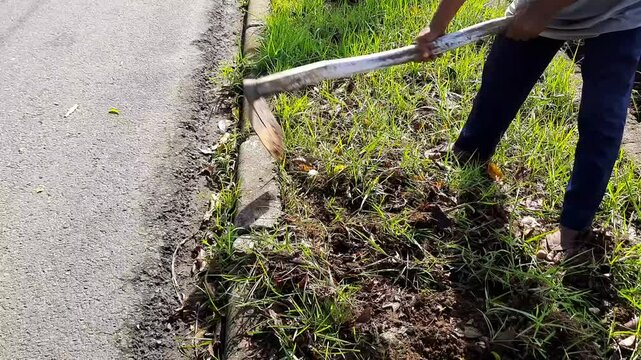 A man cleans grass growing on the side of the road using a hoe