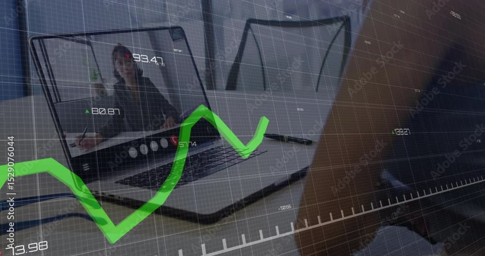 Poster viewer joining call on laptop showing host discussing finances chart rising with numeric markers